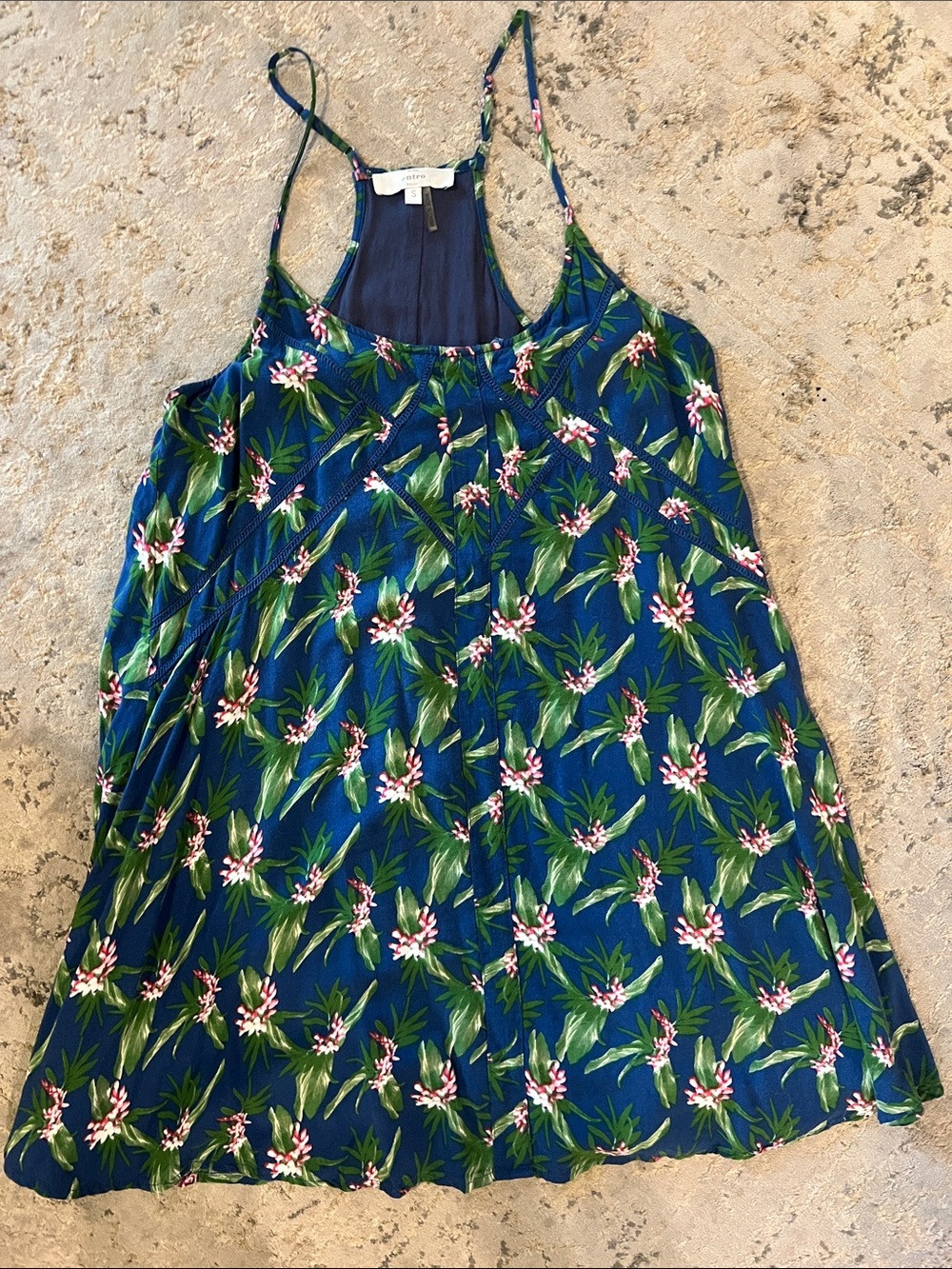 entro Navy Floral Spaghetti-Strap Dress with Green Leaves and Pink Blooms